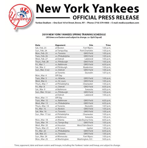 yankees spring training schedule 2018